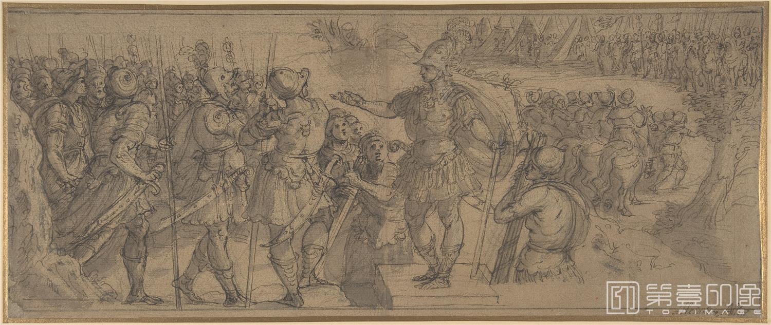 素描-美国纽约大都会美术馆素描藏画-Alessandro AlloriDesign for a Narrative Frieze A Commander Addressing His Troops-0048